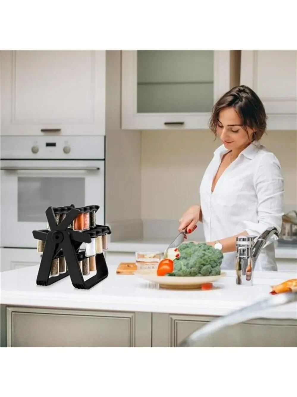 Rotating spice rack with 18 glass jars ferris wheel countertop kitchen organizer